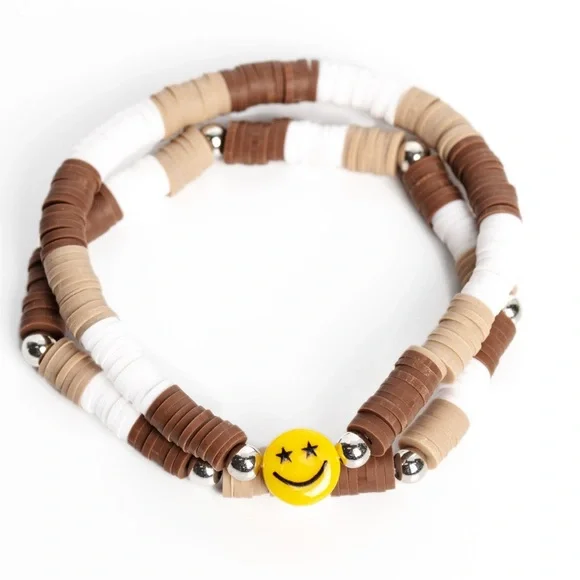 Brown & white Smiley face stretch bracelet - Picture 1 of 3
